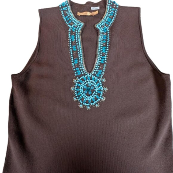 NWOT Belldini Brown Sleeveless Top with Turquoise Beadwork - Picture 4 of 10
